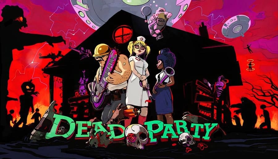 Dead Party: Four armed heroes, including nurse and masked man, stand amid neon skulls and flying UFOs in town ruins.