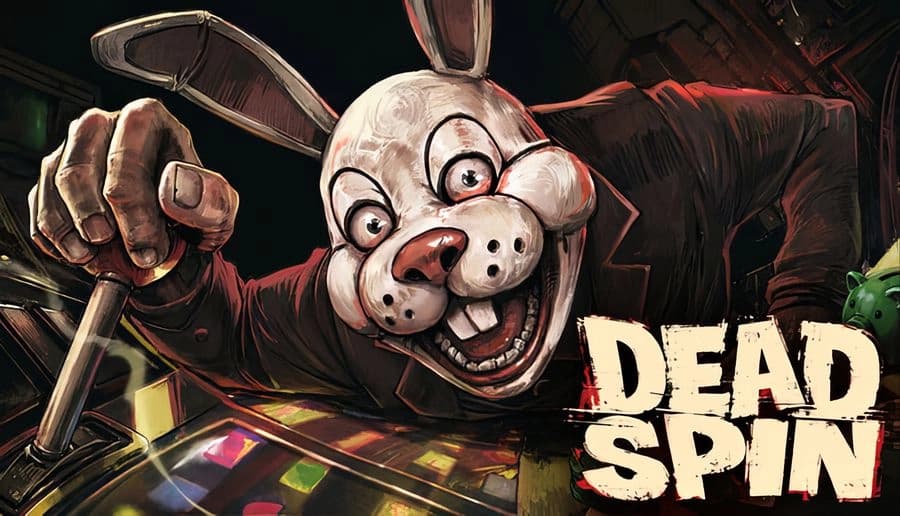 DEAD SPIN: Snarling masked gambler grips a knife over poker table with scattered chips and playing cards in casino.