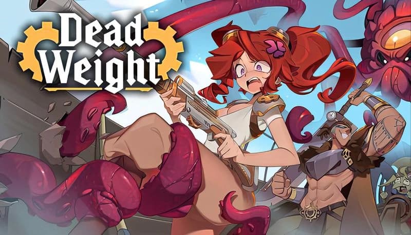 Dead Weight: Young woman with red hair battles tentacled creature on airship deck, man with sword assists in background.