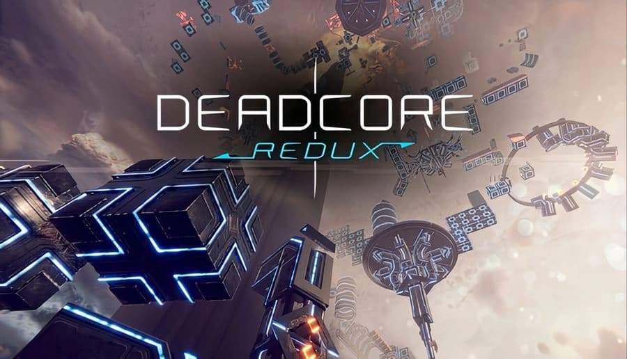 DeadCore Redux: Tower rises into swirling cosmic vortex, framed by futuristic structures, highlighting sci-fi platformer setting.