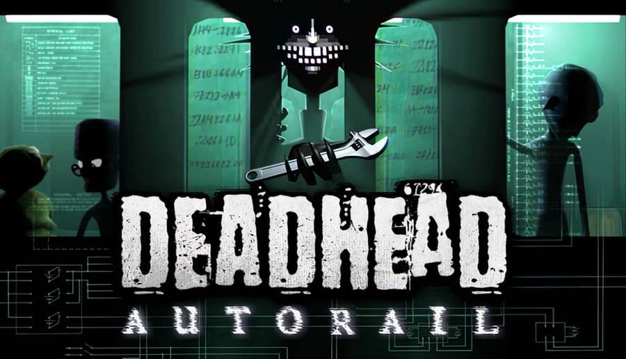 Deadhead: Grinning robot head looms above silhouetted workers and green monitors in a shadowy control room.