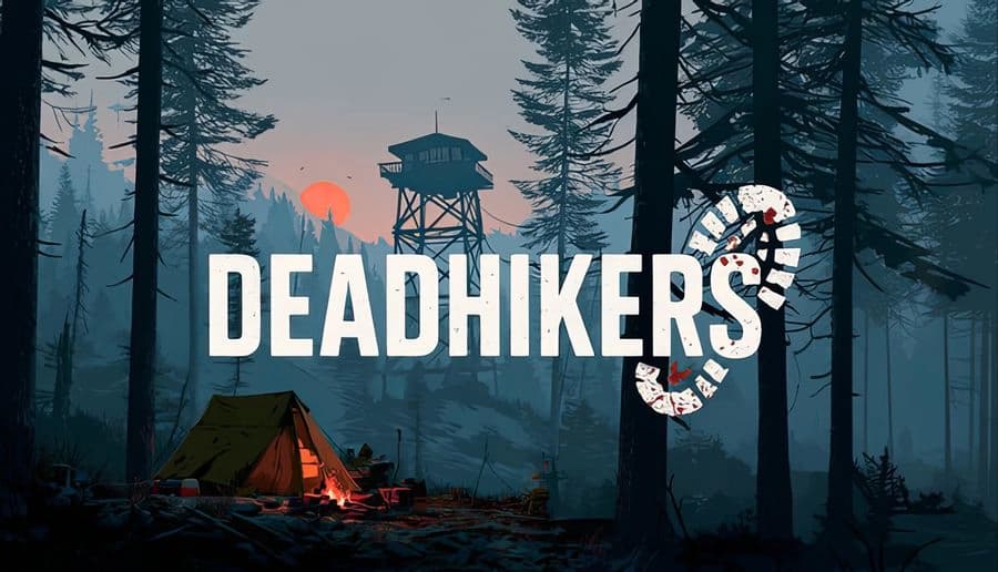 Deadhikers: Tent in dark forest near a watchtower at sunset; misty atmosphere suggests remote wilderness setting.