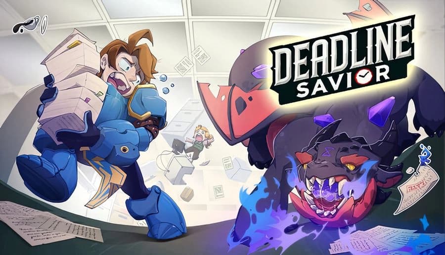 Deadline Savior: armored man clutching papers faces snarling purple beast amid scattered office debris and timer drone.
