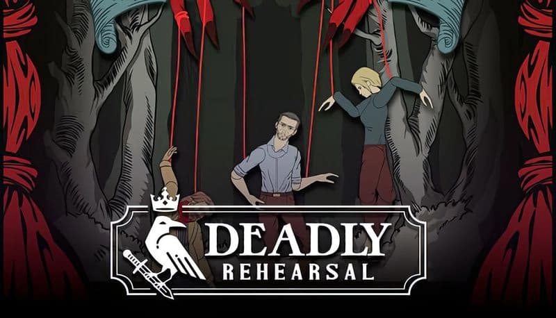 Deadly Rehearsal: Three puppets hang lifelessly from red strings amidst eerie, twisted trees and dark red curtains.