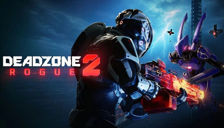 Deadzone Rogue 2: armored soldier firing red energy rifle at purple mech on stormy city rooftop with lightning sky.