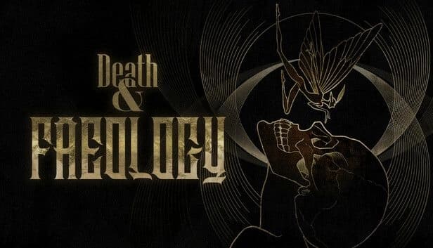 Death & Faeology: Winged female figure blows kiss to skeleton, abstract backdrop with circular patterns in gold ink style.