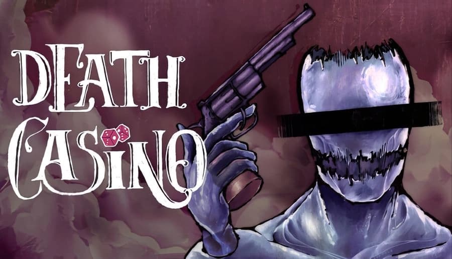 DEATH CASINO: Blue-skinned man holds revolver to his head, black bar over eyes purple casino-style backdrop.