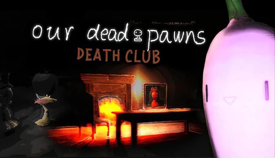 Death Club: large pale face watches two small figures by a glowing fireplace and table in a dark room.