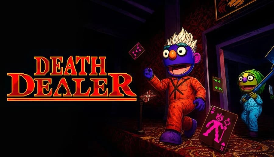 Death Dealer: purple monster in orange suit holds playing cards while green monsters watch in a dark hallway doorway.