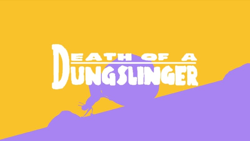 A dung beetle pushes a large ball up a slope with a contrasting yellow and purple background.
