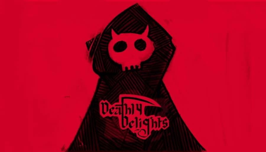 Deathly Delights: hooded skull-faced figure in black cloak against red background, green corner tab with fork icon.