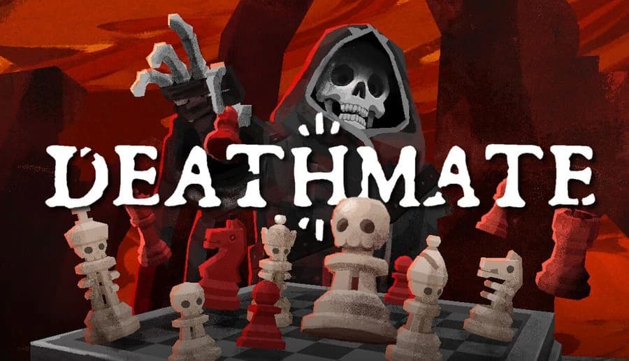 DEATHMATE: Hooded skeleton raising sword behind skull-topped chess pieces on a red, cavernous underworld board backdrop.