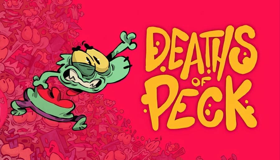 Deaths Of Peck: green goblin with missing teeth and torn shirt floats past doodle monsters on bright red backdrop.