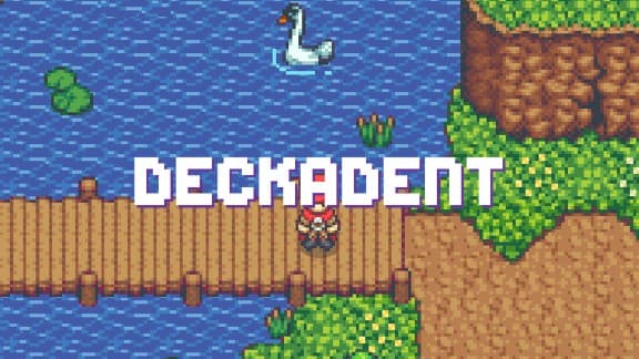 Deckadent: Red-capped figure stands on wooden bridge over river, swan nearby, amid lush greenery and pixel art landscape.
