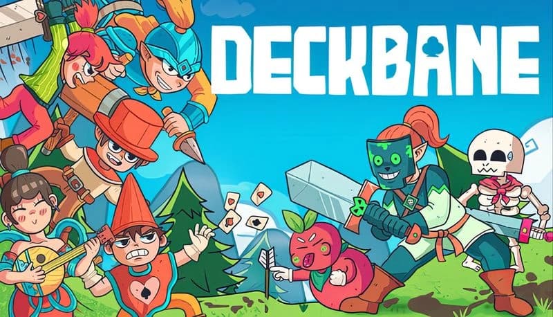 Deckbane: Colorful adventurers, including elf and skeleton, battle an angry apple in a bright, cartoon-style landscape.