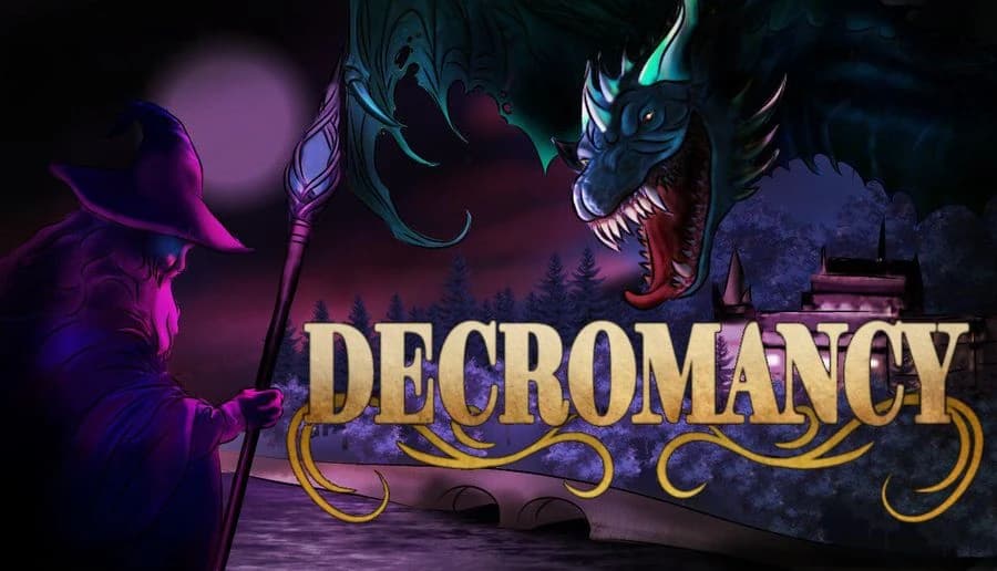 Decromancy: Hooded man with staff faces snarling dragon head above a forest road and cabin at dusk sky.