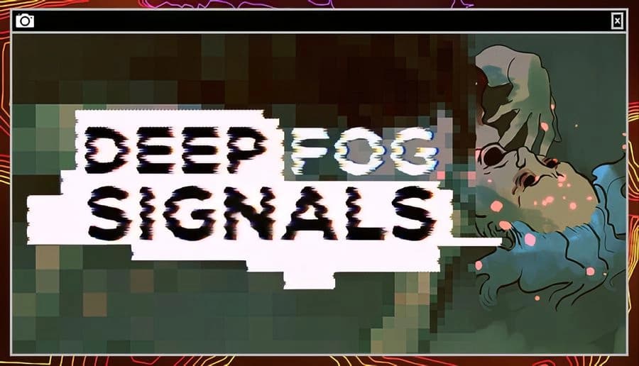 Deep Fog Signals: Glitchy title over pixelated screen beside a green skull-like face with pink spots on black background.