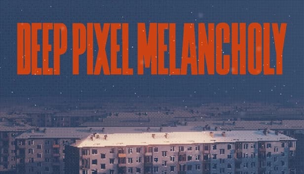 Deep Pixel Melancholy: Snow falls gently on gray apartment blocks under a dark sky, creating a somber urban landscape.