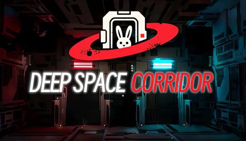 Deep Space Corridor: Dimly lit space station corridor with red and blue glowing doors, metallic walls, and ceiling panels.