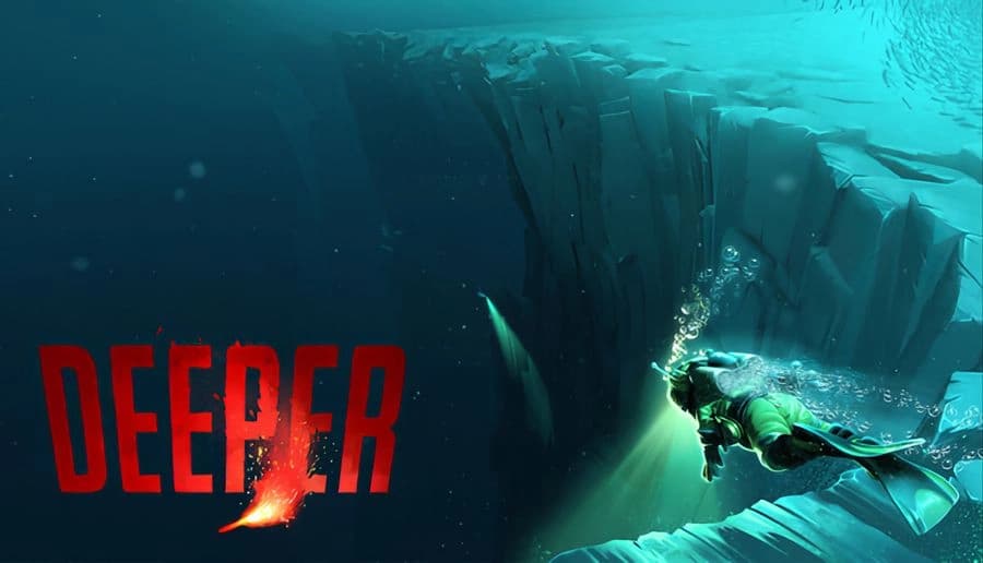 Deeper: scuba diver swims toward red flare underwater in deep ocean trench with rock walls and rising bubbles.