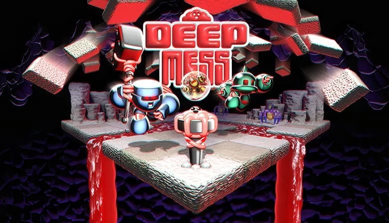 Robotic figures hover on a floating platform; one wields a hammer. Blood lake drips below, surrounded by fragmented blocks.