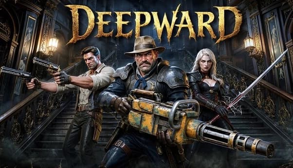 DEEPWARD: Three armed fighters pose on a grand staircase in a Gothic hall, man in hat holds minigun up front.