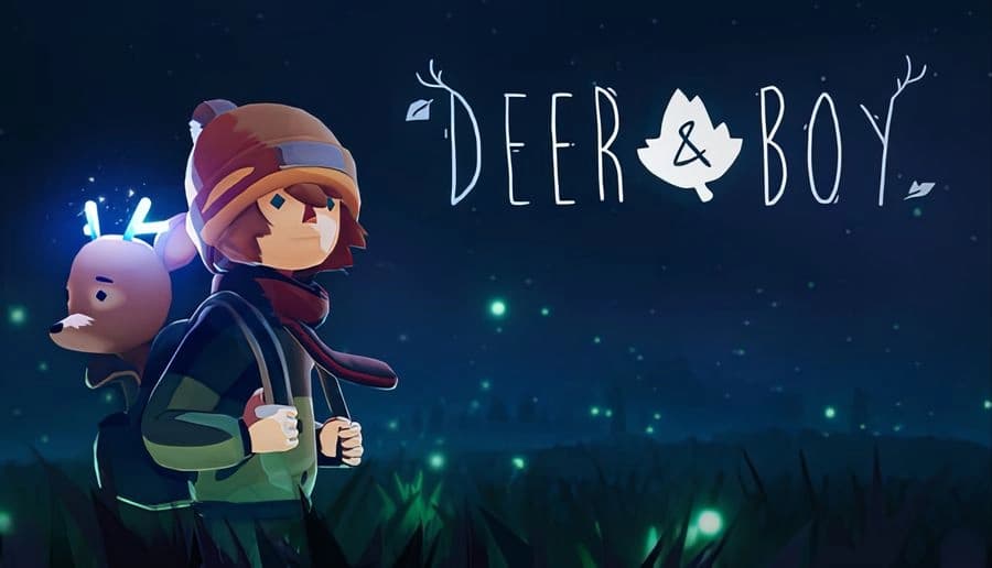 Deer & Boy: Young boy with backpack and scarf stands beside a fawn in tall grass under a starry night sky.