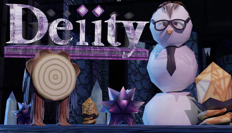 Deiity: Snowman in glasses and tie stands beside target dummy in a dungeon with glowing crystals and dark stone walls.