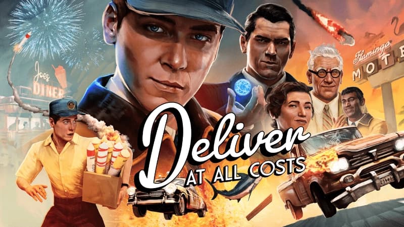 A delivery driver stands with four others; a flying truck, explosion, fireworks, and swordfish nearby.