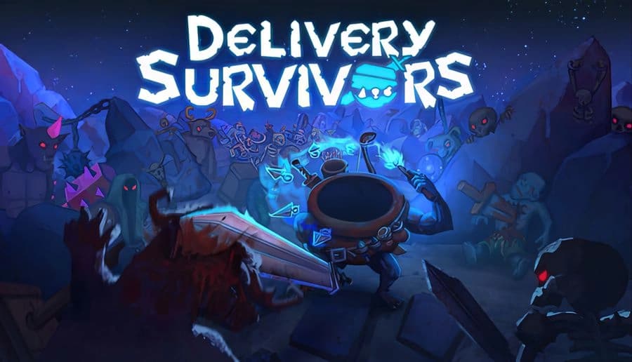 Delivery Survivors: Armored hero swings a glowing sword at shadow monsters in a blue cavern with skulls and torches.