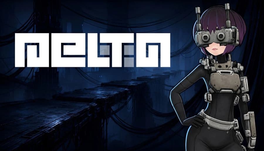 Delta: Woman in black tactical suit with helmet goggles stands by a ruined industrial corridor in blue foggy light.