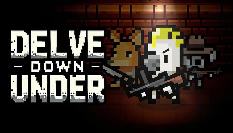Delve Down Under: Pixelated kangaroo, soldier, and koala with rifles against dark brick backdrop in wartime Australia.