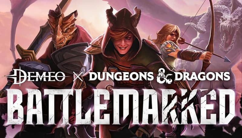 Demeo x Dungeons & Dragons: Armored male, hooded woman, and archer, ready for battle, dragons loom in misty sky.