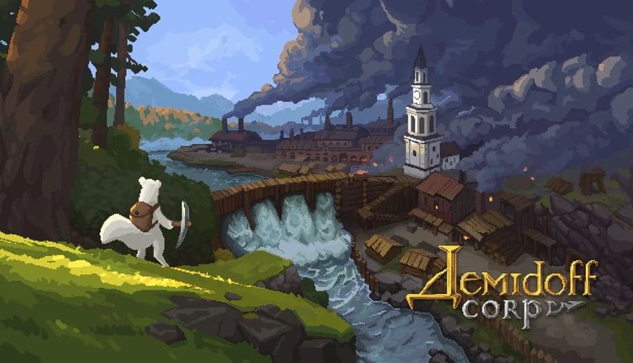 Demidoff Corp: White dog with a bandaged head stands on a grassy cliff above a river and town with church tower.