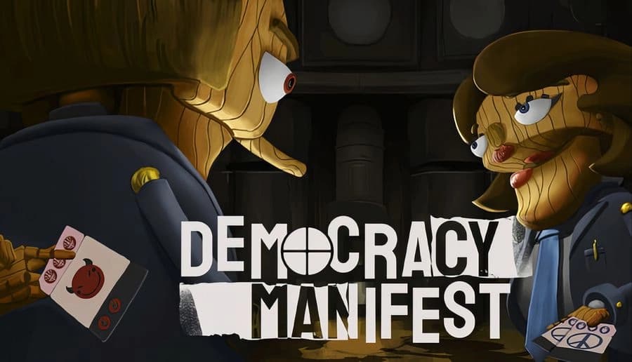 Democracy Manifest: hooded figure holds playing cards behind back, peering over shoulder in dim hallway doorway.