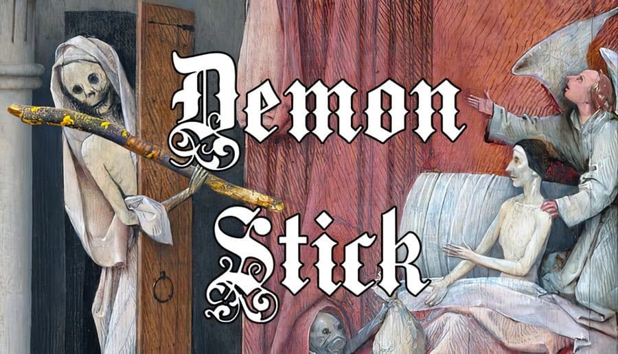 Demon Stick: Skeleton holding a yellowed stick peeks from behind a doorway in a medieval-style, dimly lit setting.