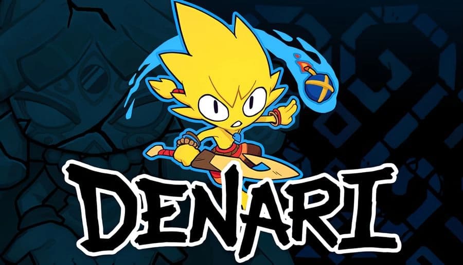 Denari: Yellow cartoon boy holds a round shield and readies a punch beside bold title on cracked blue stone backdrop.