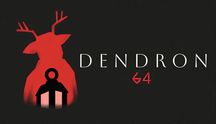 Dendron 64: Red antlered creature silhouette looms behind black figure holding lantern on dark textured background.