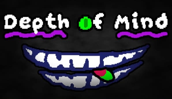 Depth of Mind: pixelated blue mouth with bared teeth and green-red tongue on black background with purple border.