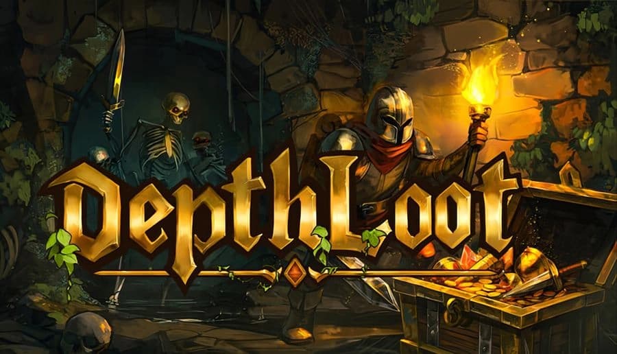 DepthLoot: glowing-eyed skeleton looms beside stone doorway, treasure chest overflowing with gold in dark ruins.