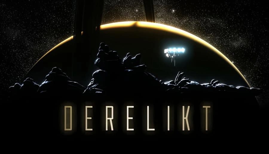 DERELIKT: Dark rocky alien landscape under a starry sky, huge black dome with glowing doorway lights in back.