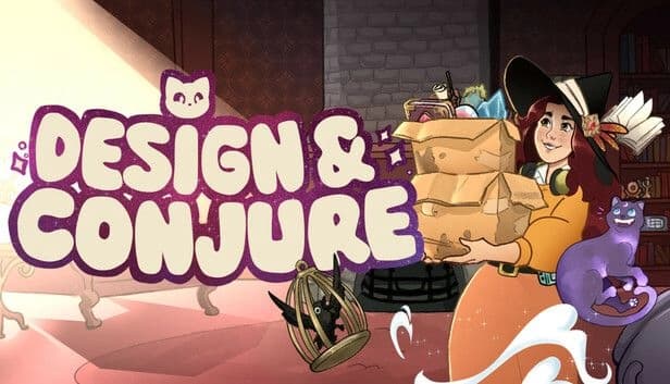Design and Conjure: Young witch Dalia carries packages in cozy room with magical cat and bookshelves in warm light.