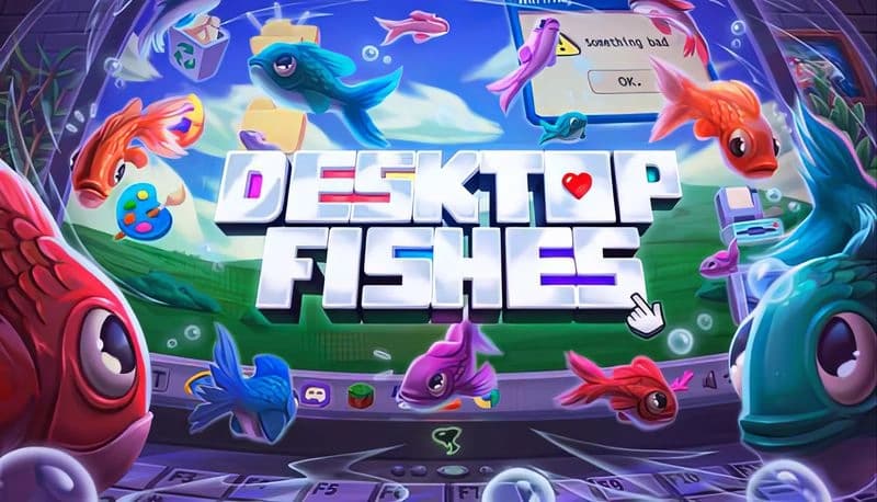 Desktop Fishes: Colorful pixel-art fish swim across a computer screen, set against a vibrant, playful digital backdrop.