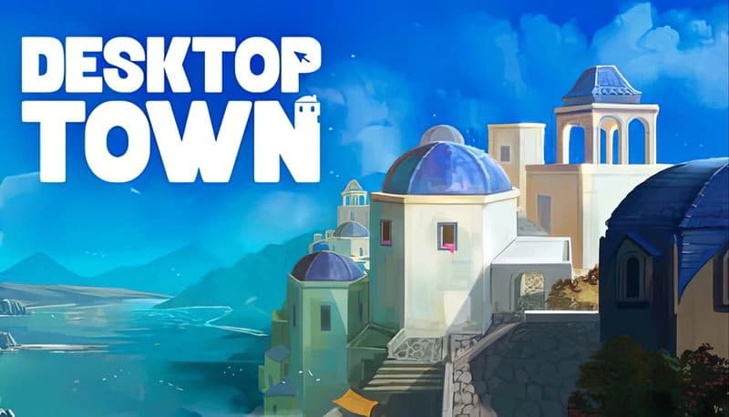 Desktop Town: White buildings with blue domes line a cliffside, set against a bright blue sky and distant mountains.