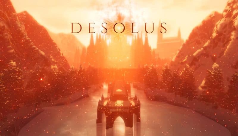 DESOLUS: Gothic cityscape with towering spires, snowy mountains, and glowing sky, reflecting in a tranquil river below.