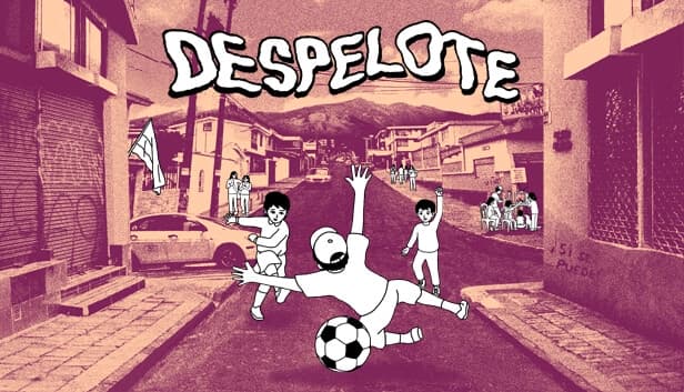 Kids playing soccer on Quito street, a young boy scores past a diving goalkeeper. Houses and hills in the background.