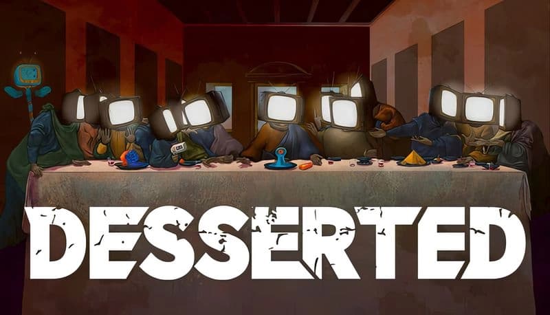 Desserted: People with TV heads sit at a long table filled with small objects and desserts in a dimly lit room.