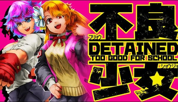 Detained: Two smiling schoolgirls, one with pink hair and one with orange hair, close-up on bright pink background.
