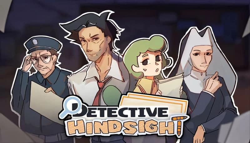 Detective Hindsight: Four figures hold papers; a policeman, a man in a tie, a girl with green hair, and a nun in a habit.