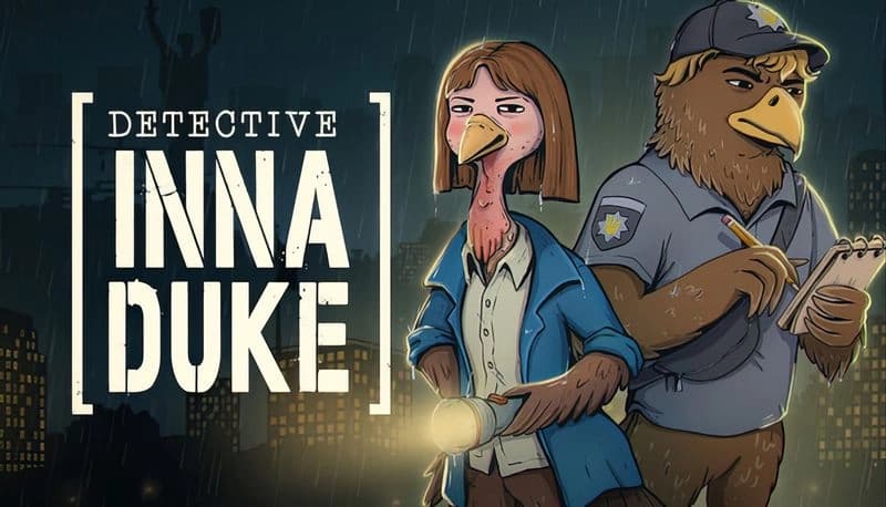 Detective INNA DUKE: Bird detective with flashlight and cop writing notes in rain, sketched cityscape in background.